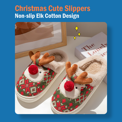 Non-slip Cute Christmas Elk Cotton Slippers